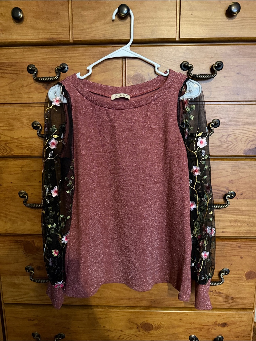 LK Luv Rose Pink Knit Top with Black Floral Mesh Sleeves